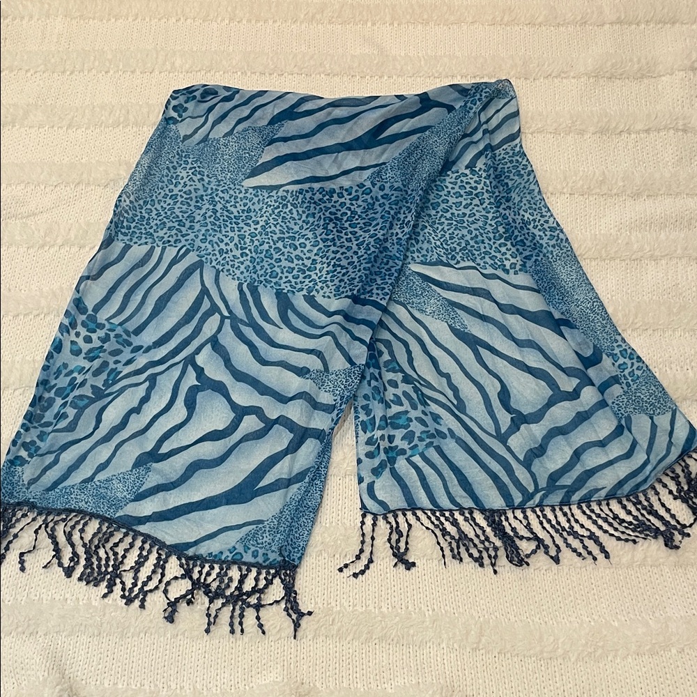 Vintage Animal Print blue Scarf lightweight sheer wrap fringe leopard zebra